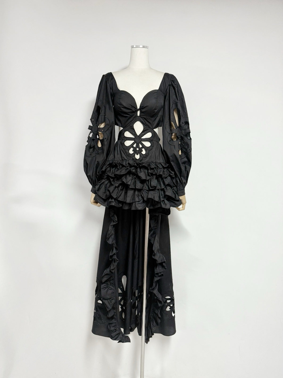 Black Floral Cut-Out Tiered Ruffle Maxi Dress Premium Fabric - product view 12