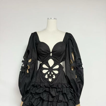 Black Floral Cut-Out Tiered Ruffle Maxi Dress Premium Fabric - product view 10