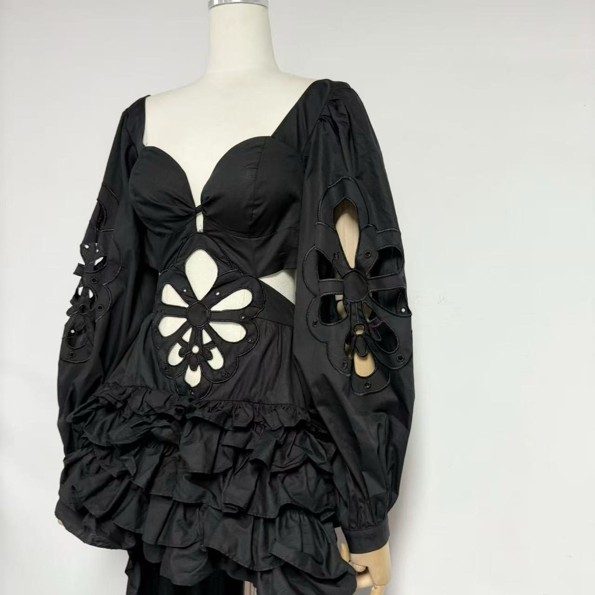 Black Floral Cut-Out Tiered Ruffle Maxi Dress Premium Fabric - product view 5