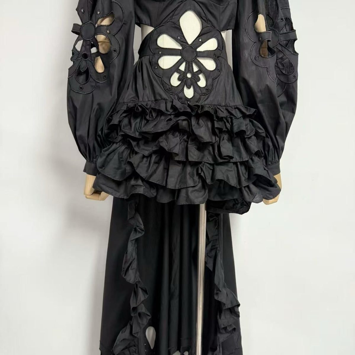 Black Floral Cut-Out Tiered Ruffle Maxi Dress Premium Fabric - product view 13
