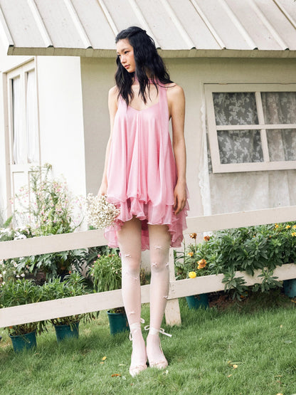 Pink Sequin V-Neck Halter Ruffled Hem Oversized Mini Dress With Scarf