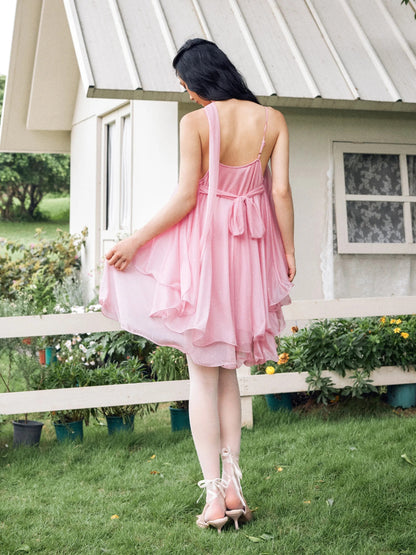 Pink Sequin V-Neck Halter Ruffled Hem Oversized Mini Dress With Scarf