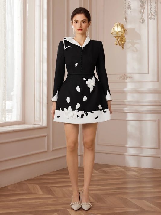 Black White Appliqué Evening Midi Dress