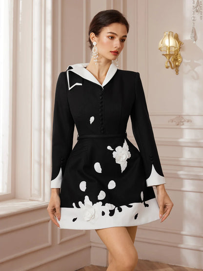 Black White Appliqué Evening Midi Dress