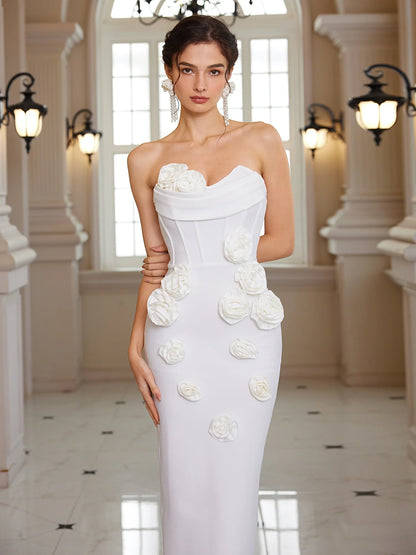 White Strapless Midi Dress with 3D Floral Detail