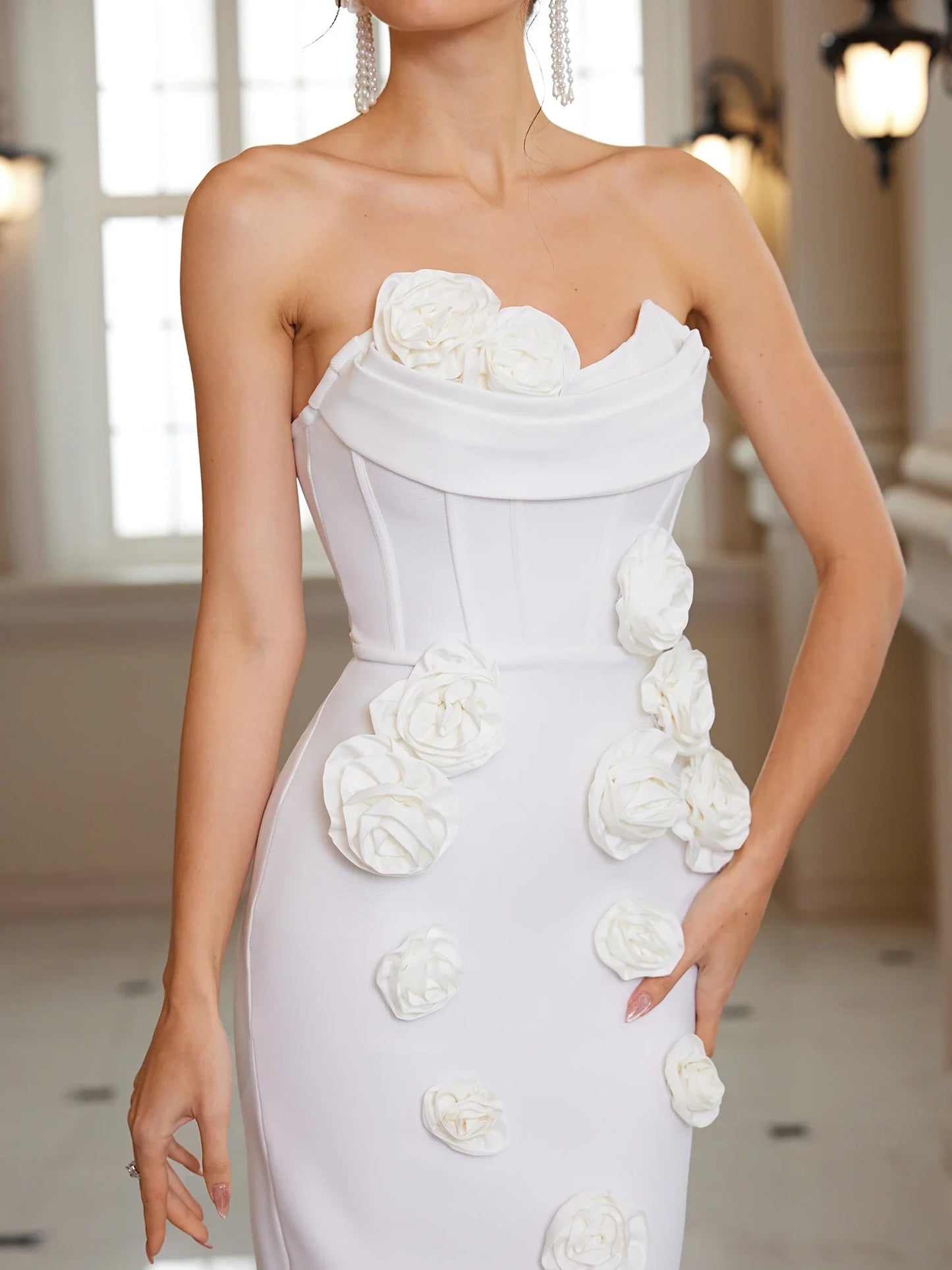 White Strapless Midi Dress with 3D Floral Detail