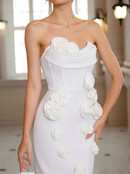 White Strapless Midi Dress with 3D Floral Detail