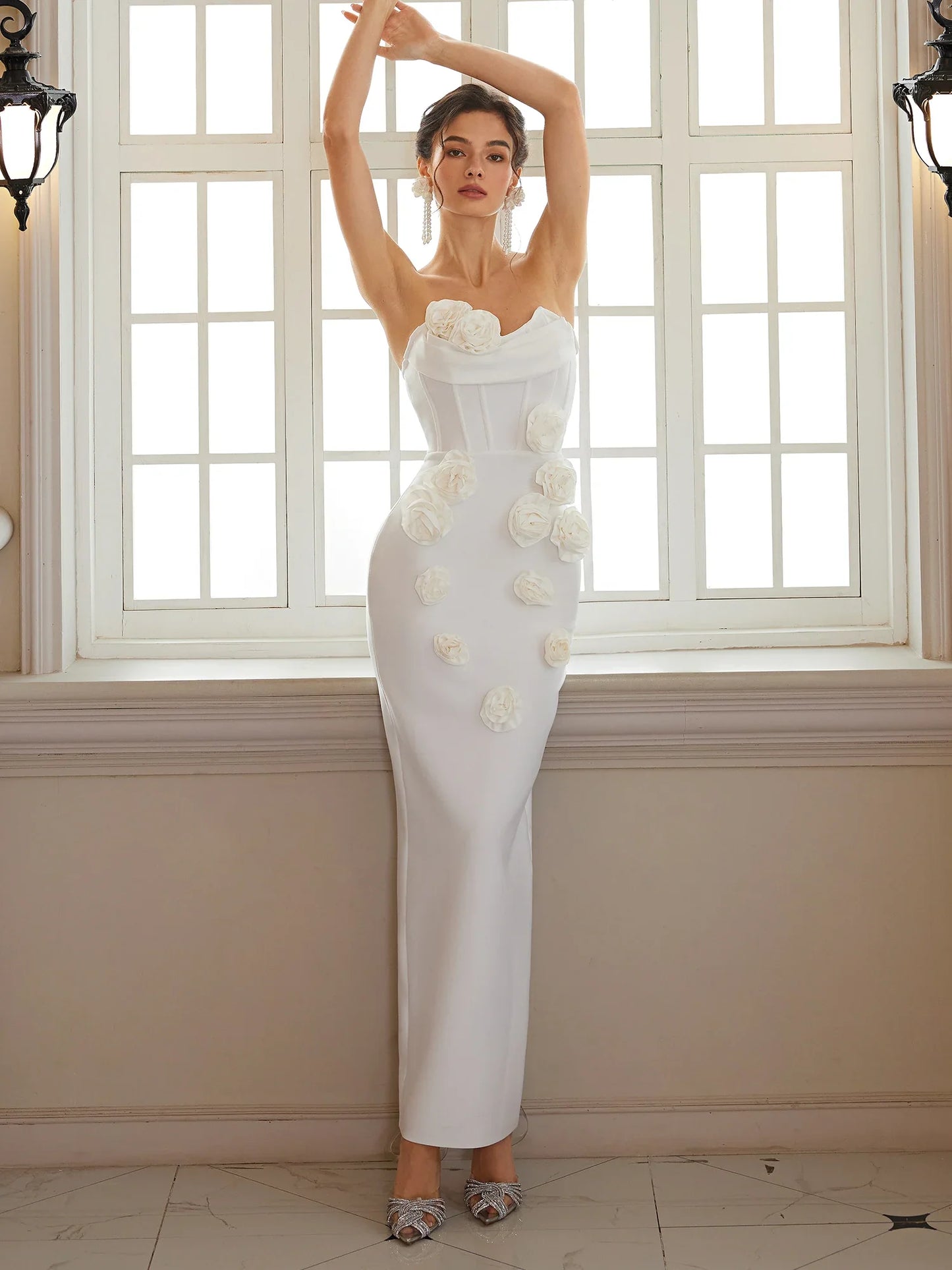 White Strapless Midi Dress with 3D Floral Detail