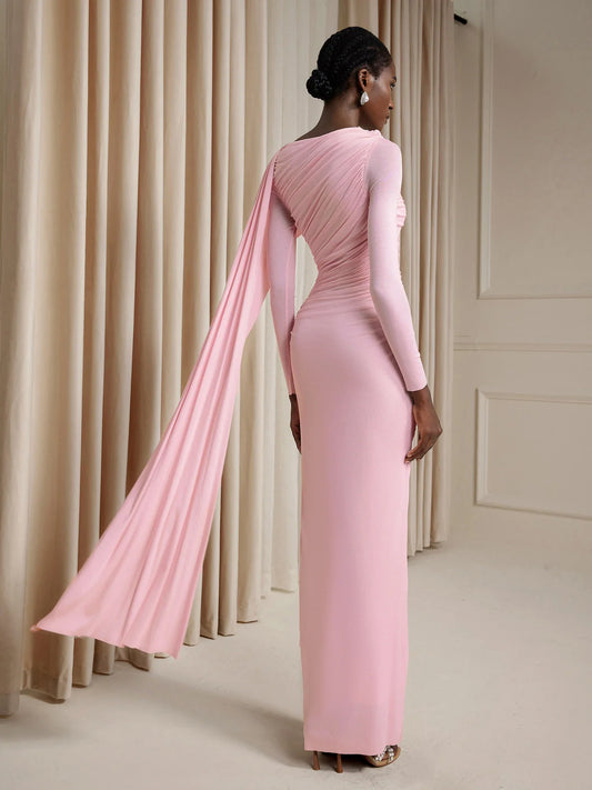 Asymmetric Ruched Cape Maxi Dress