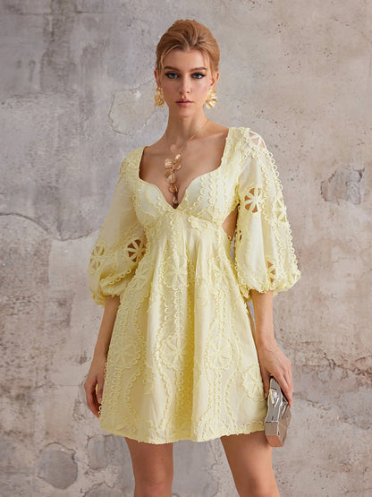 Backless Balloon Sleeve Lace Mini Dress