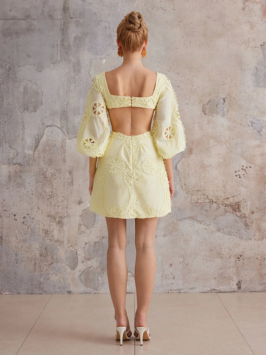 Backless Balloon Sleeve Lace Mini Dress