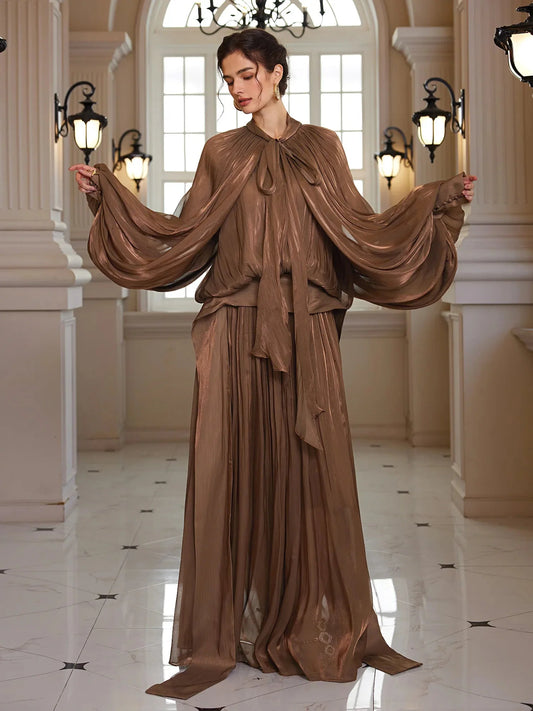 Batwing Wrap-Tie Pleated Maxi Dress