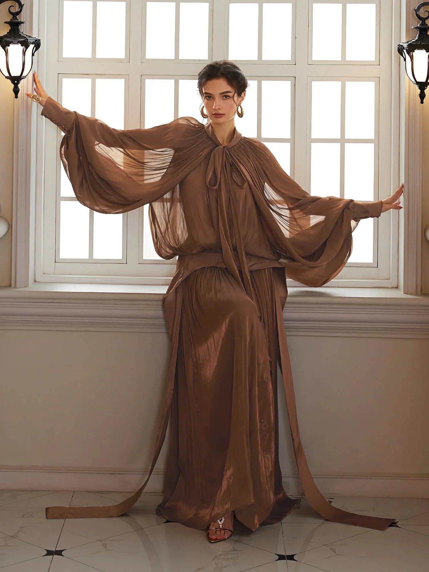 Batwing Wrap-Tie Pleated Maxi Dress