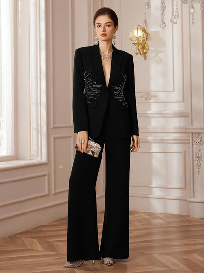 Black Beaded V-Neck Blazer and Pants Set