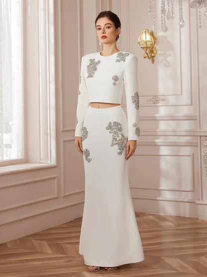 Beaded  Pavé-Trim Crop Top and Skirt Set