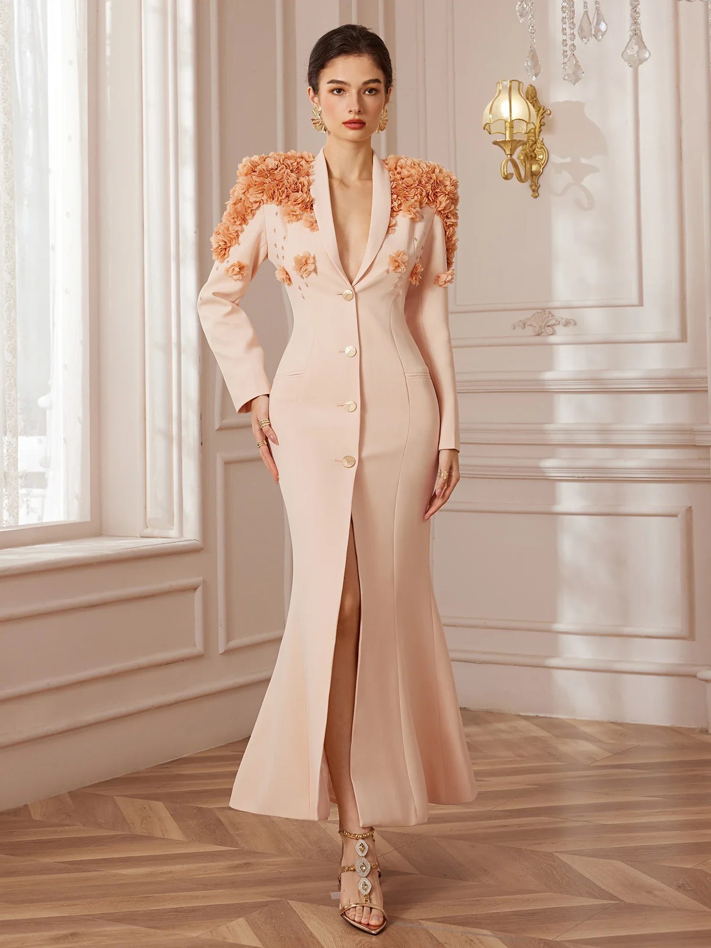 Shawl-Collar 3D Floral Evening Maxi Dress
