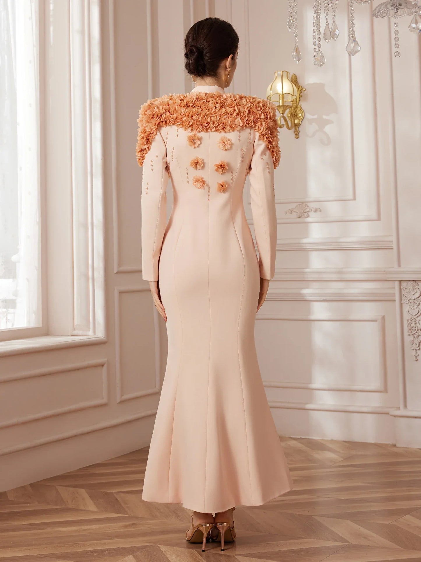 Shawl-Collar 3D Floral Evening Maxi Dress