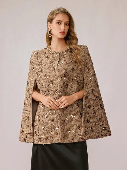 Beige Brown Sequin Shawl Top