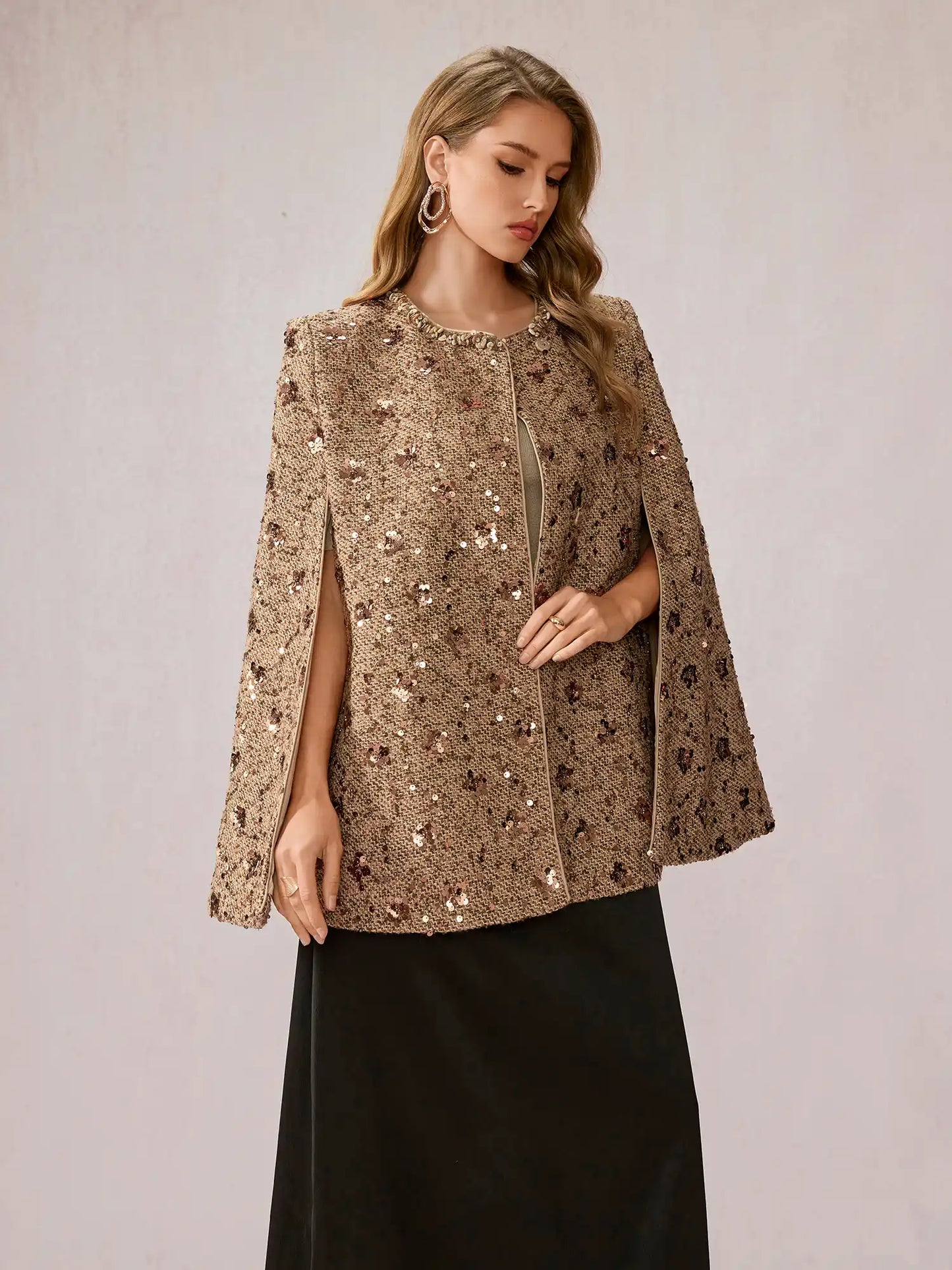 Beige Brown Sequin Shawl Top