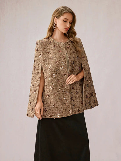 Beige Brown Sequin Shawl Top