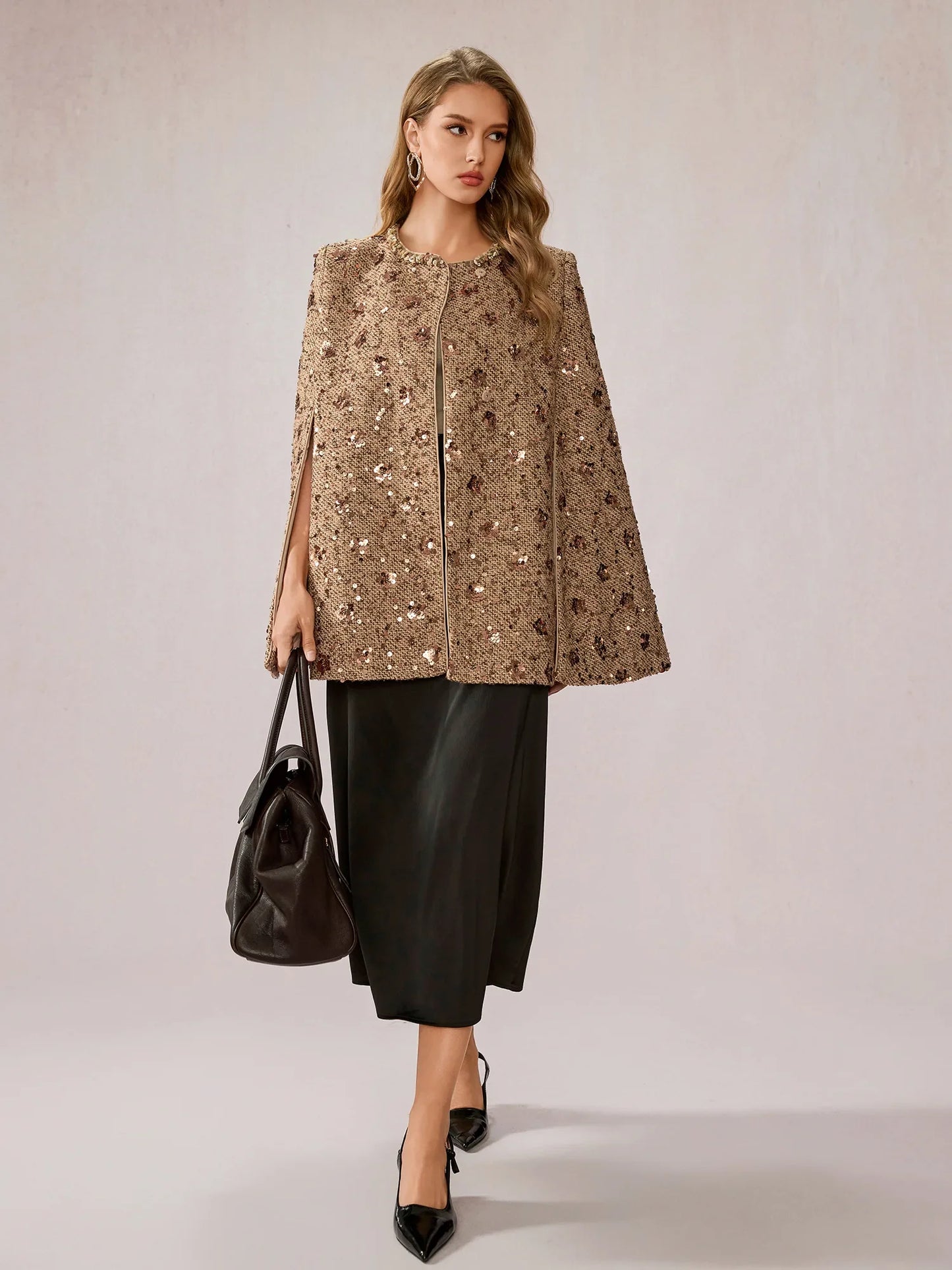 Beige Brown Sequin Shawl Top
