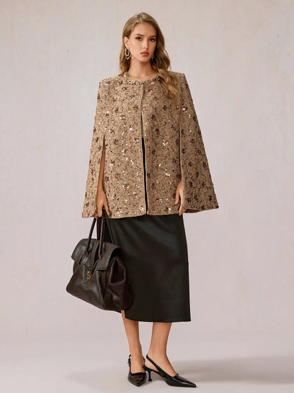 Beige Brown Sequin Shawl Top