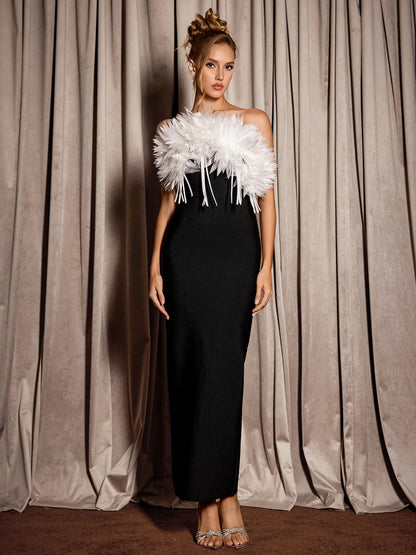 Black Feather Trim Strapless Midi Dress