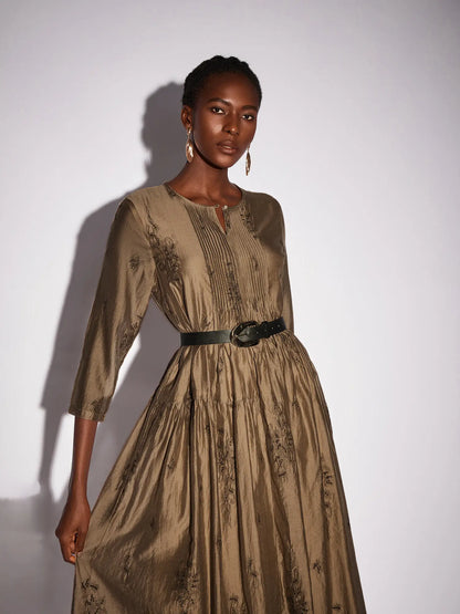 Black Floral Print Loose Fit Crew Neck Midi Dress