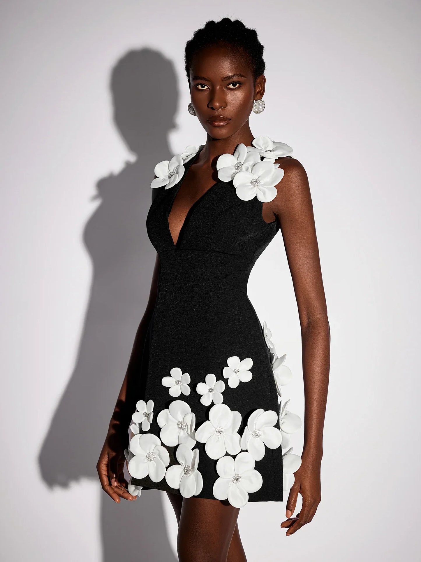 Black Floral V-Neck Mini Dress