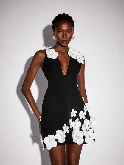 Black Floral V-Neck Mini Dress