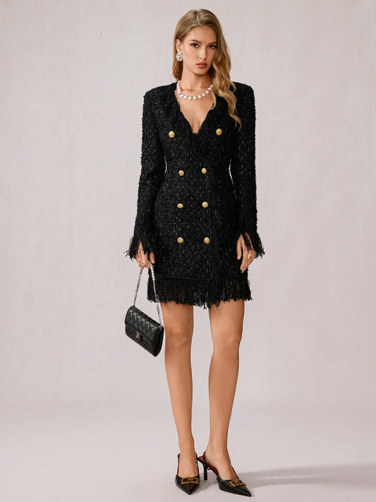 Black Fringe V-Neck Mini Dress