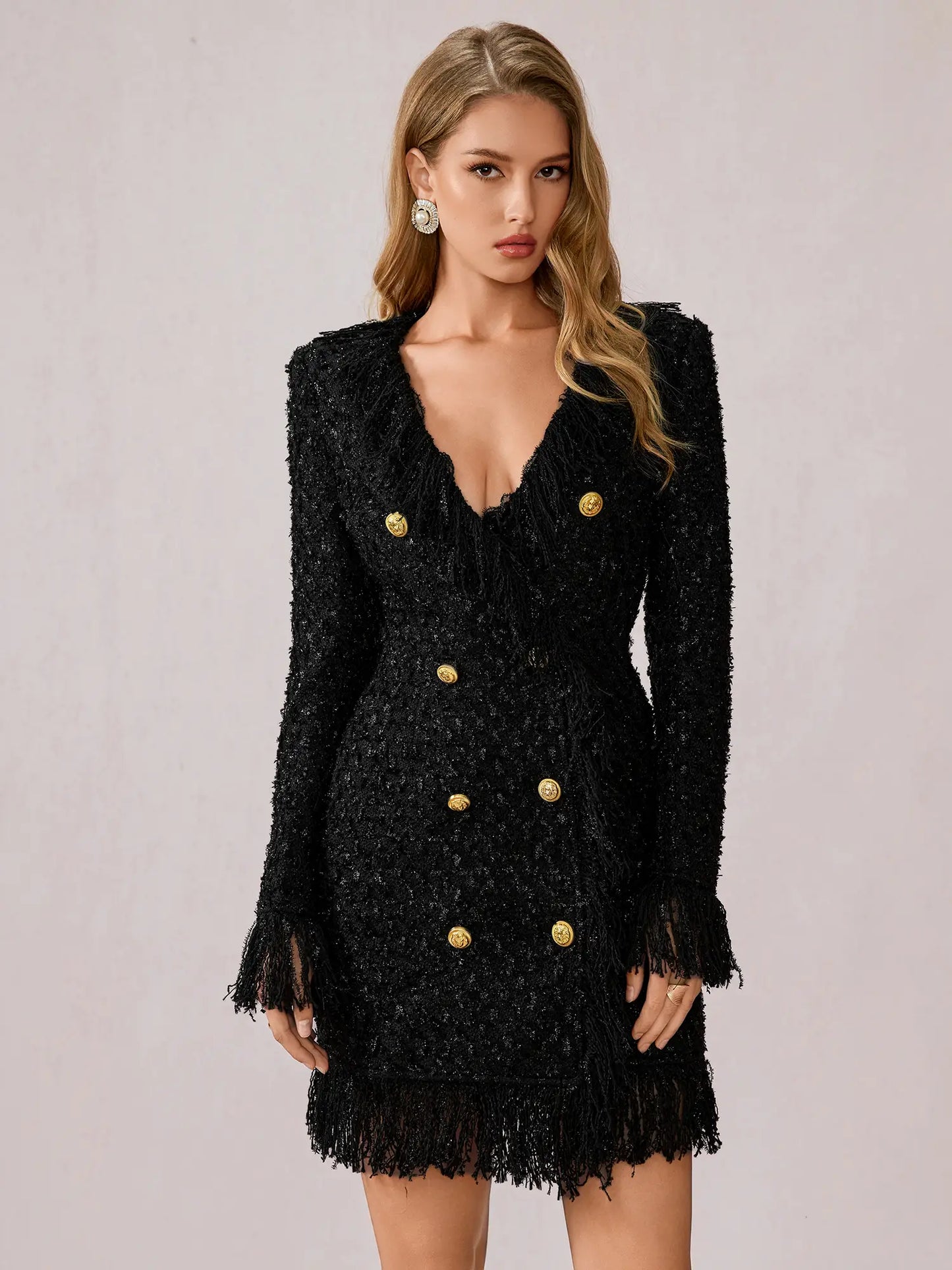 Black Fringe V-Neck Mini Dress