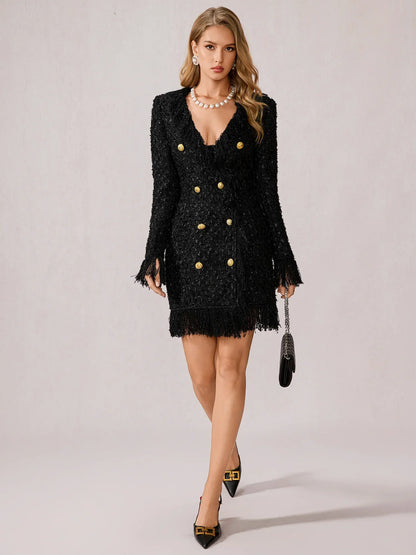 Black Fringe V-Neck Mini Dress
