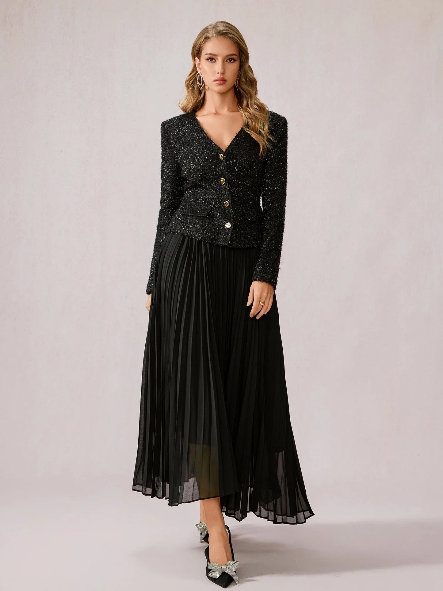 Black Fuzzy V-Neck Two-Piece Set