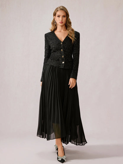 Black Fuzzy V-Neck Two-Piece Set