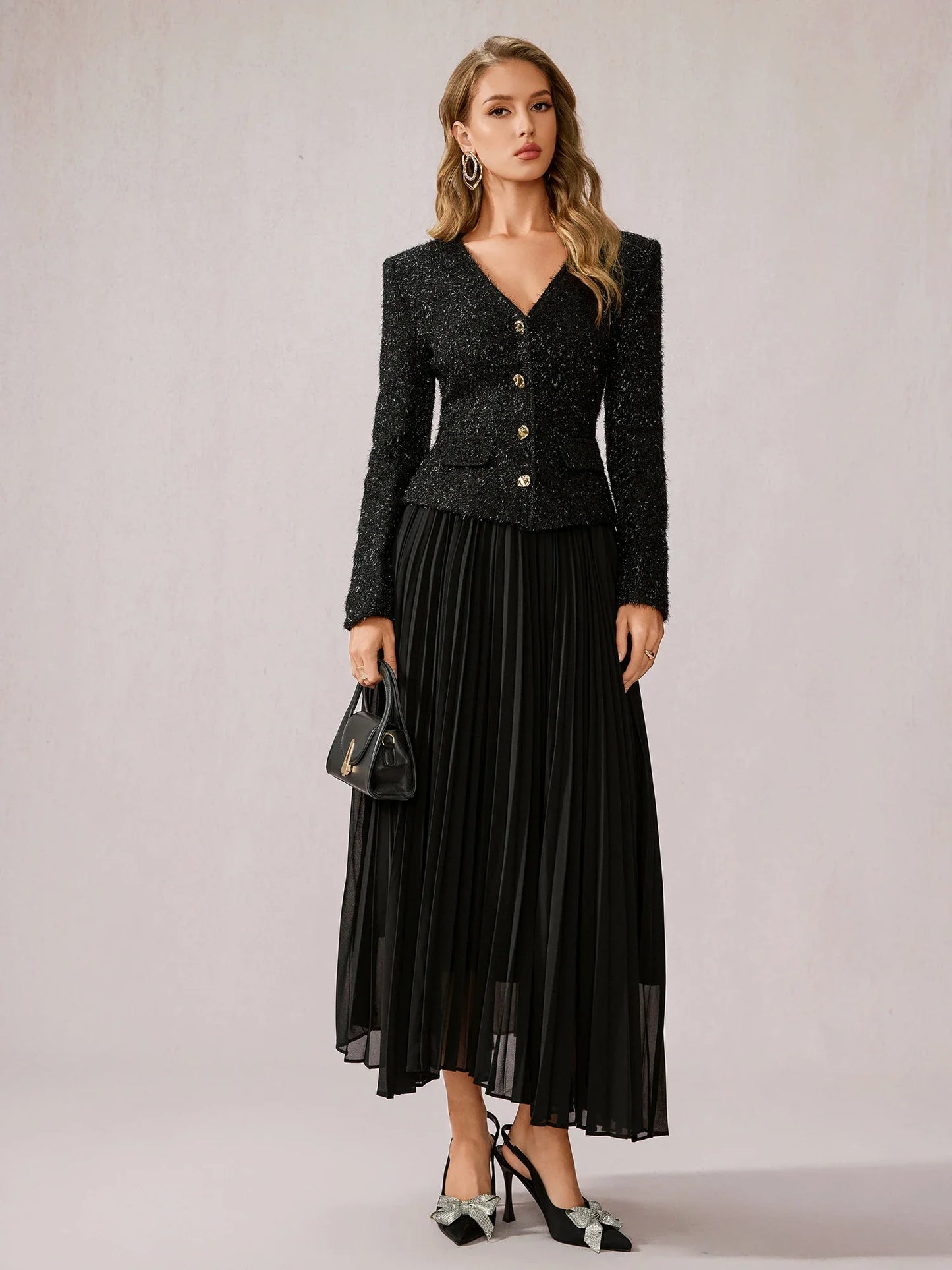 Black Fuzzy V-Neck Two-Piece Set