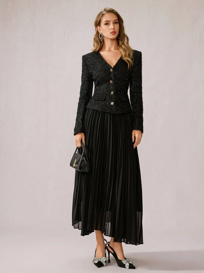 Black Fuzzy V-Neck Two-Piece Set