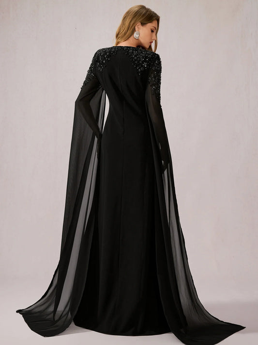 Black Mesh Shawl Maxi Dress