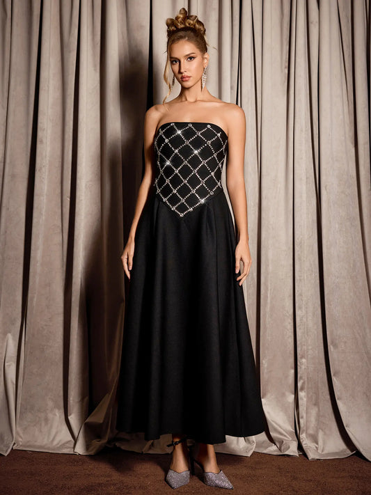 Black Rhinestone Grid Formal Midi Dress