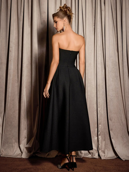Black Rhinestone Grid Formal Midi Dress