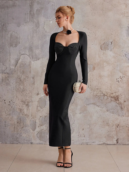 Black slim fit long-sleeved midi dress