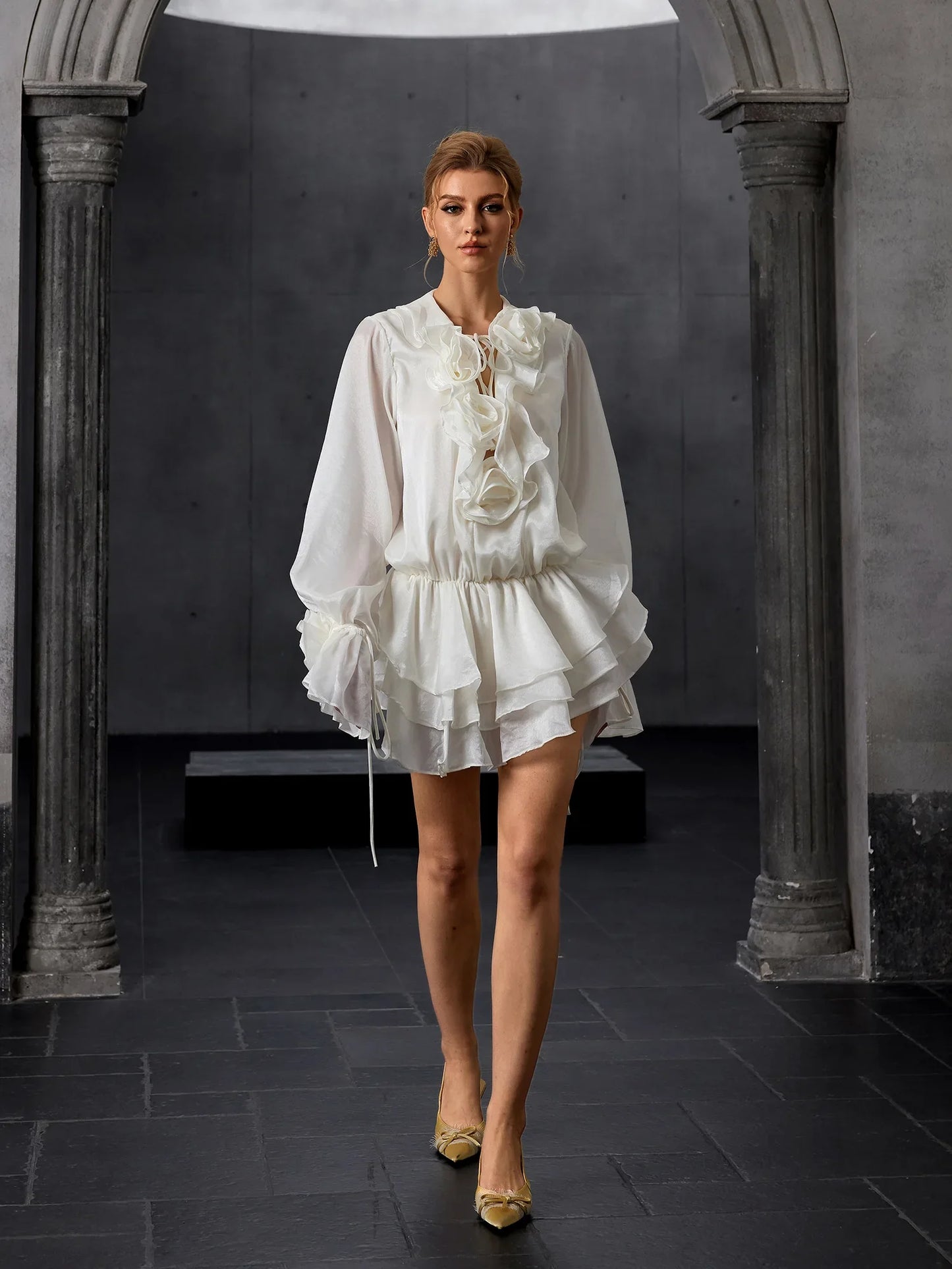 Bloom-Panelled Lantern-Sleeve Mini Dress