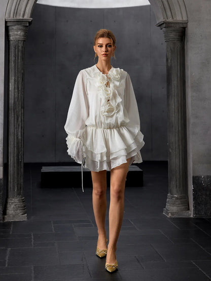 Bloom-Panelled Lantern-Sleeve Mini Dress