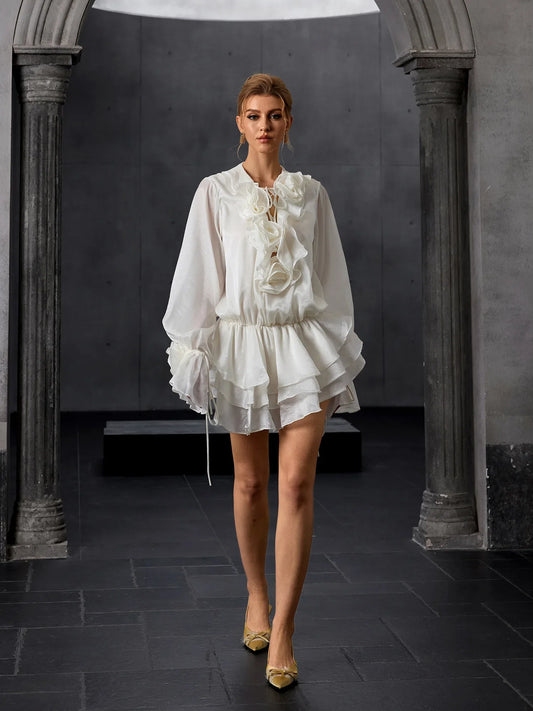 Bloom-Panelled Lantern-Sleeve Mini Dress