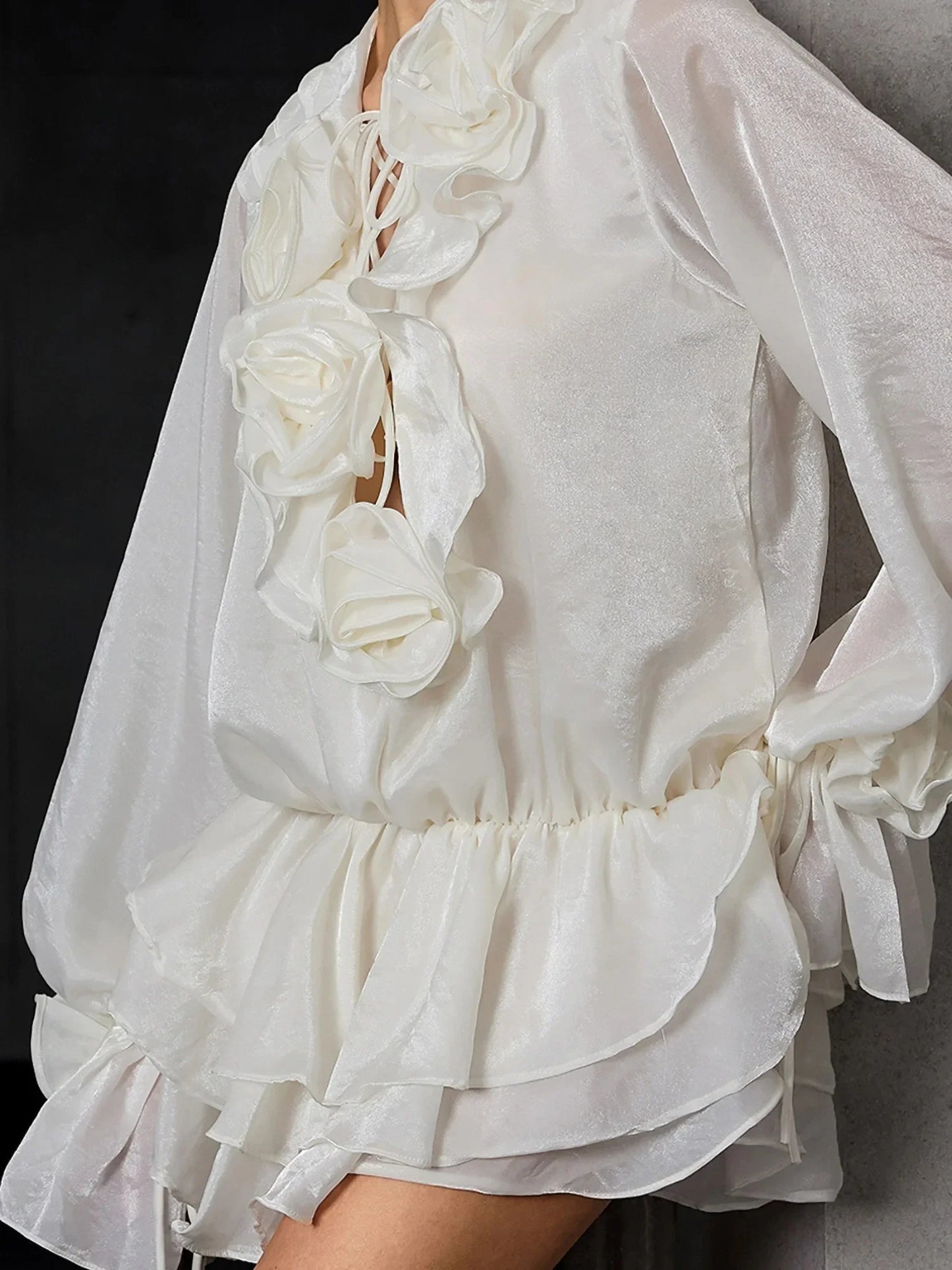 Bloom-Panelled Lantern-Sleeve Mini Dress