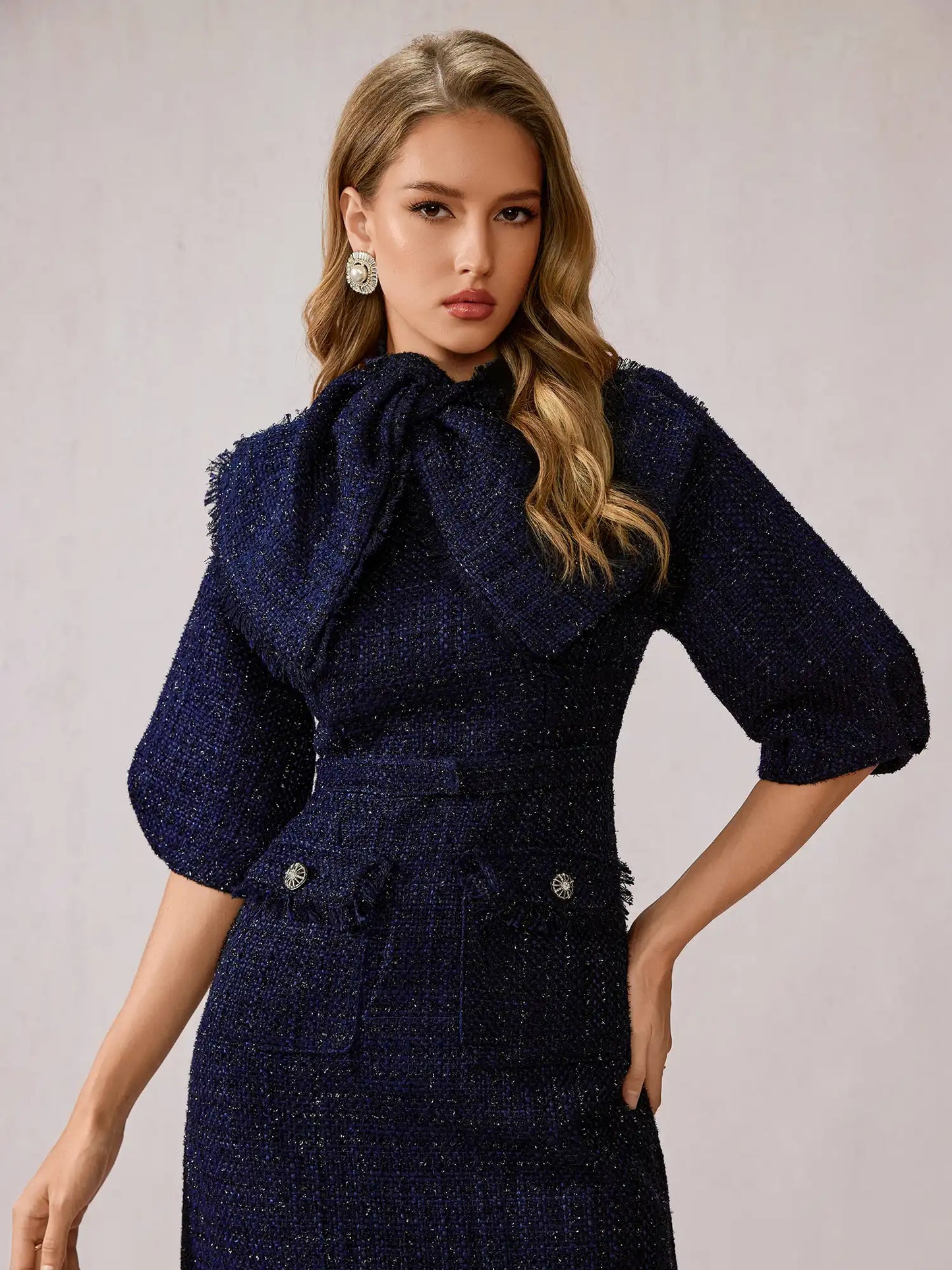 Blue Large Bow Collar Midi Dress