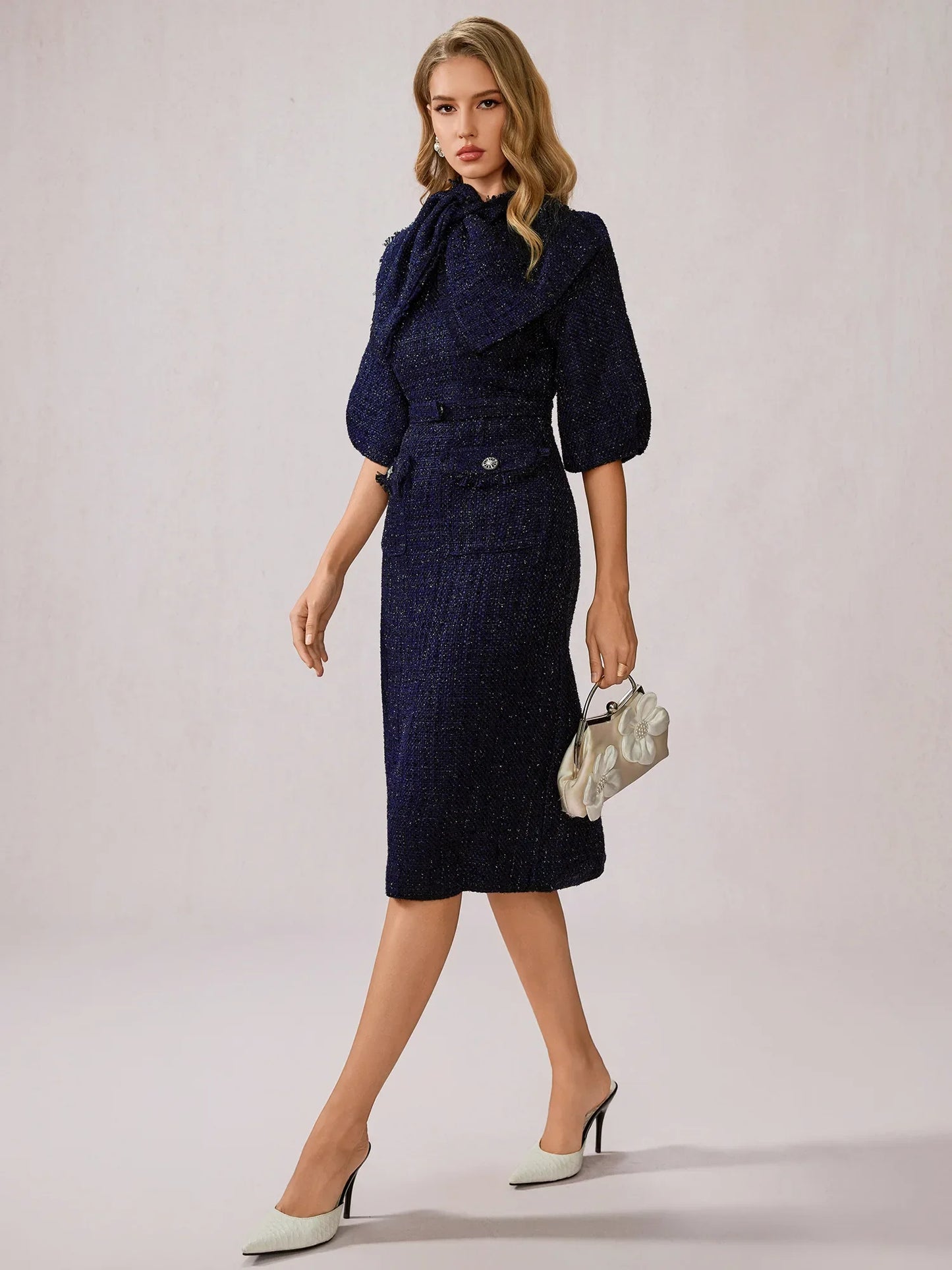 Blue Large Bow Collar Midi Dress