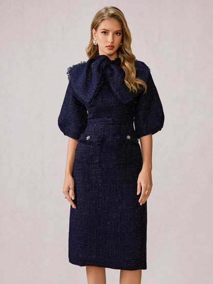 Blue Large Bow Collar Midi Dress
