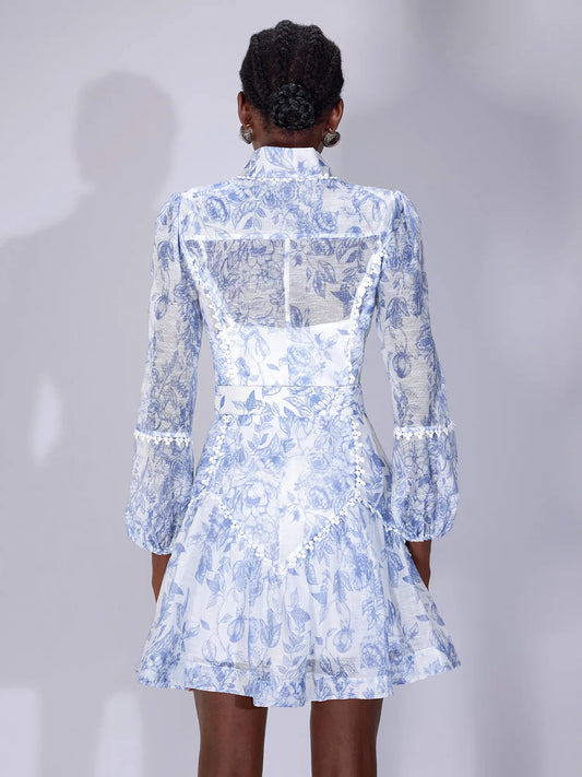 Blue Printed High-Neck Mini Dress with Belt