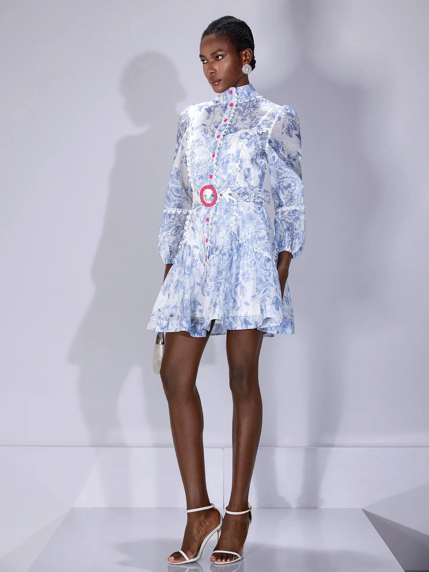 Blue Printed High-Neck Mini Dress with Belt